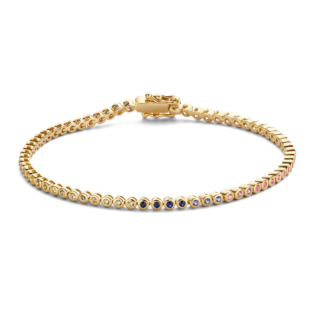 Geelgouden tennisarmband met regenboogsaffieren, bezet met ronde stenen, 1.65 crt.