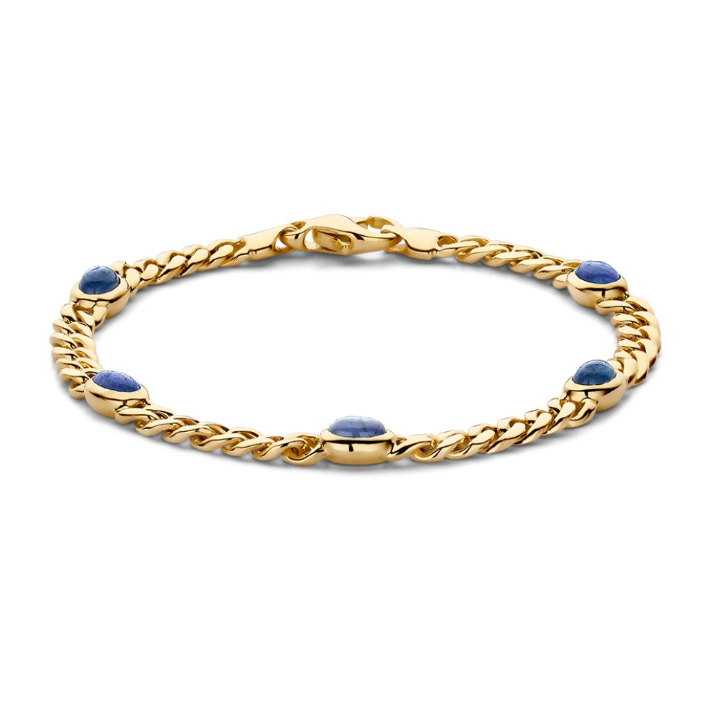 Geelgouden armband met schakels en blauwe saffieren.