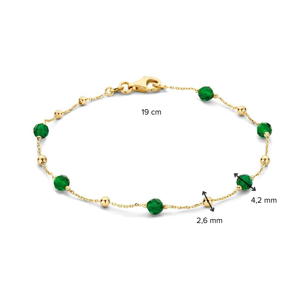 Geelgouden Armband met Donkergroene Zirkonia Bolletjes – 14 Karaat Damesarmband 19 cm