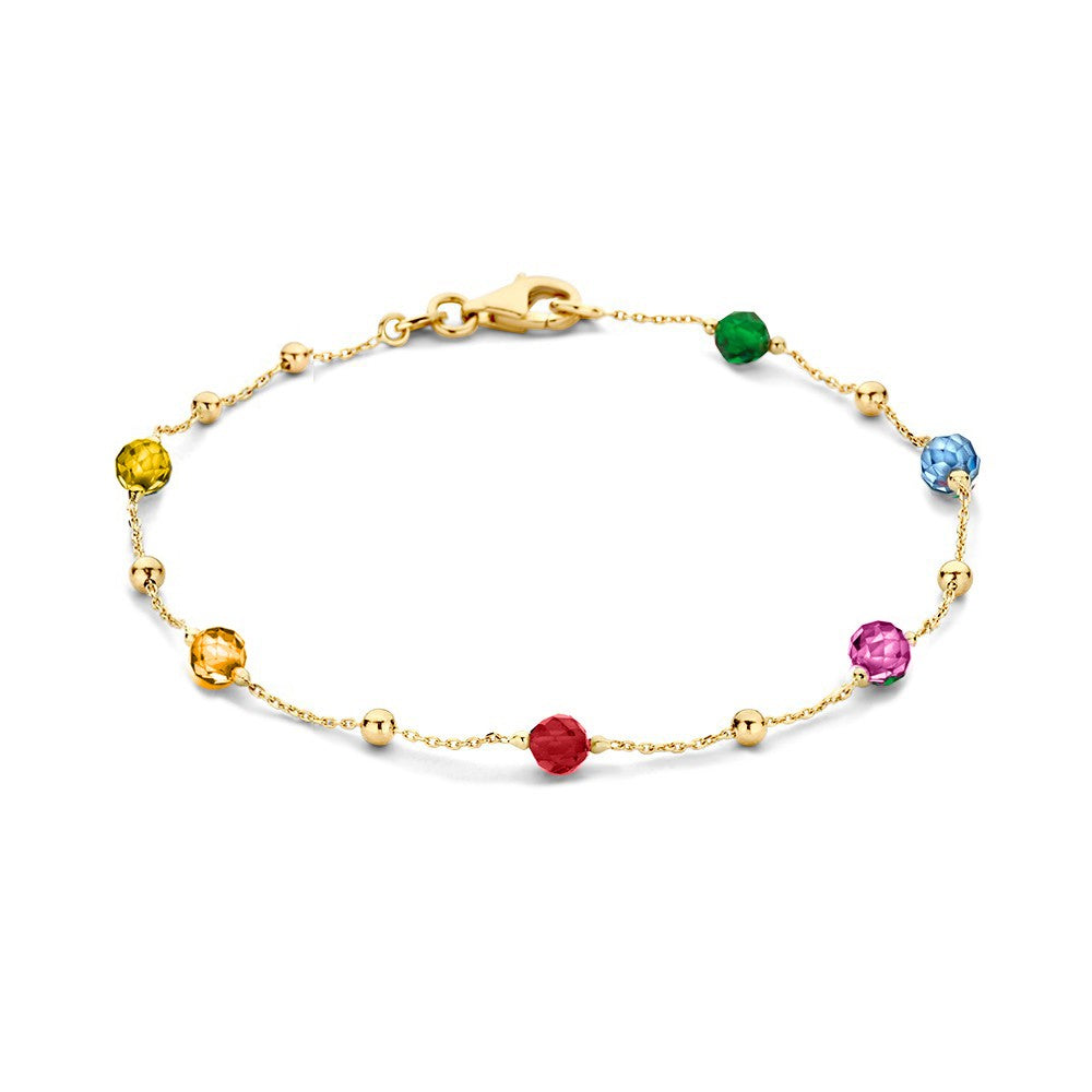 Geelgouden armband met kleurrijke zirkonia stenen en bolletjes.