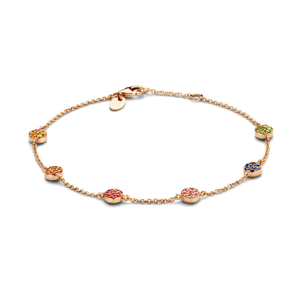 Roségouden armband met ronde schakels en regenboogsaffieren in verschillende kleuren.