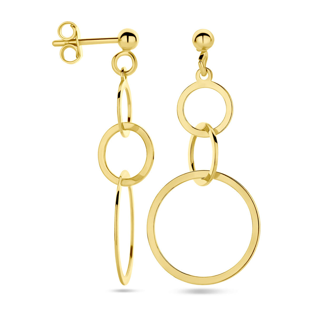 De Van der Kooij Collectie oorhangers cirkels 1 micron zilver verguld (geel) zijn moderne, goudkleurige damesoorbellen met drie geschakelde open cirkels en een steker-sluiting-stijlvol voor elke gelegenheid.