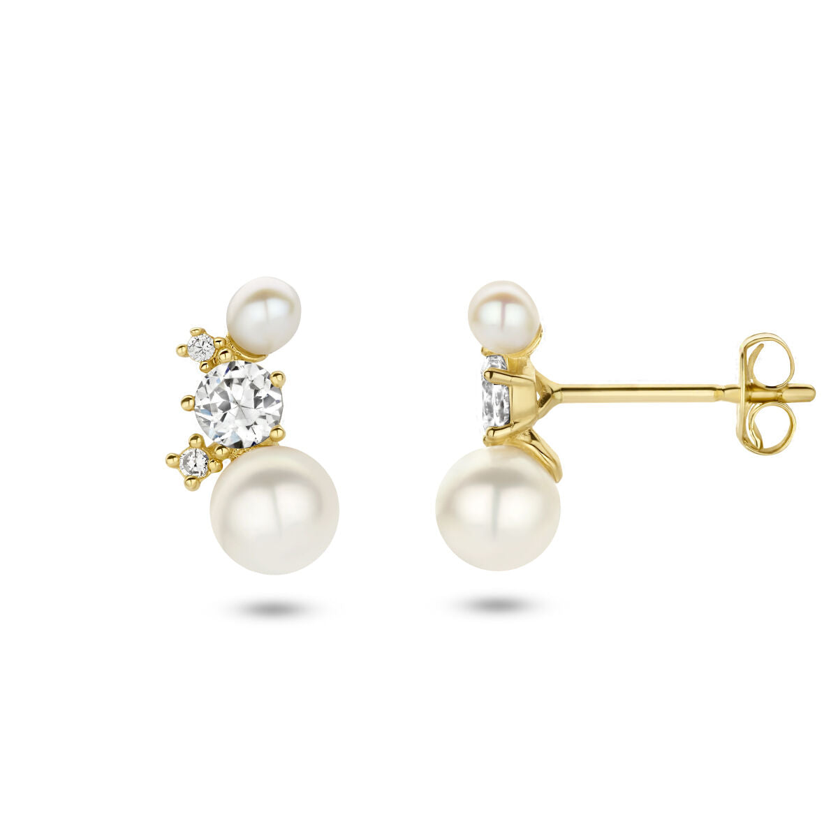 ear studs pearl and zirconia 14K yellow gold