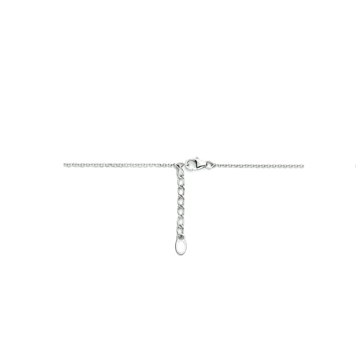 De Van der Kooij Collectie collier parel en zirkonia is een 42 + 3 cm gerhodineerde zilveren ketting met parel en fonkelende zirkonia, afgebeeld tegen een witte achtergrond.