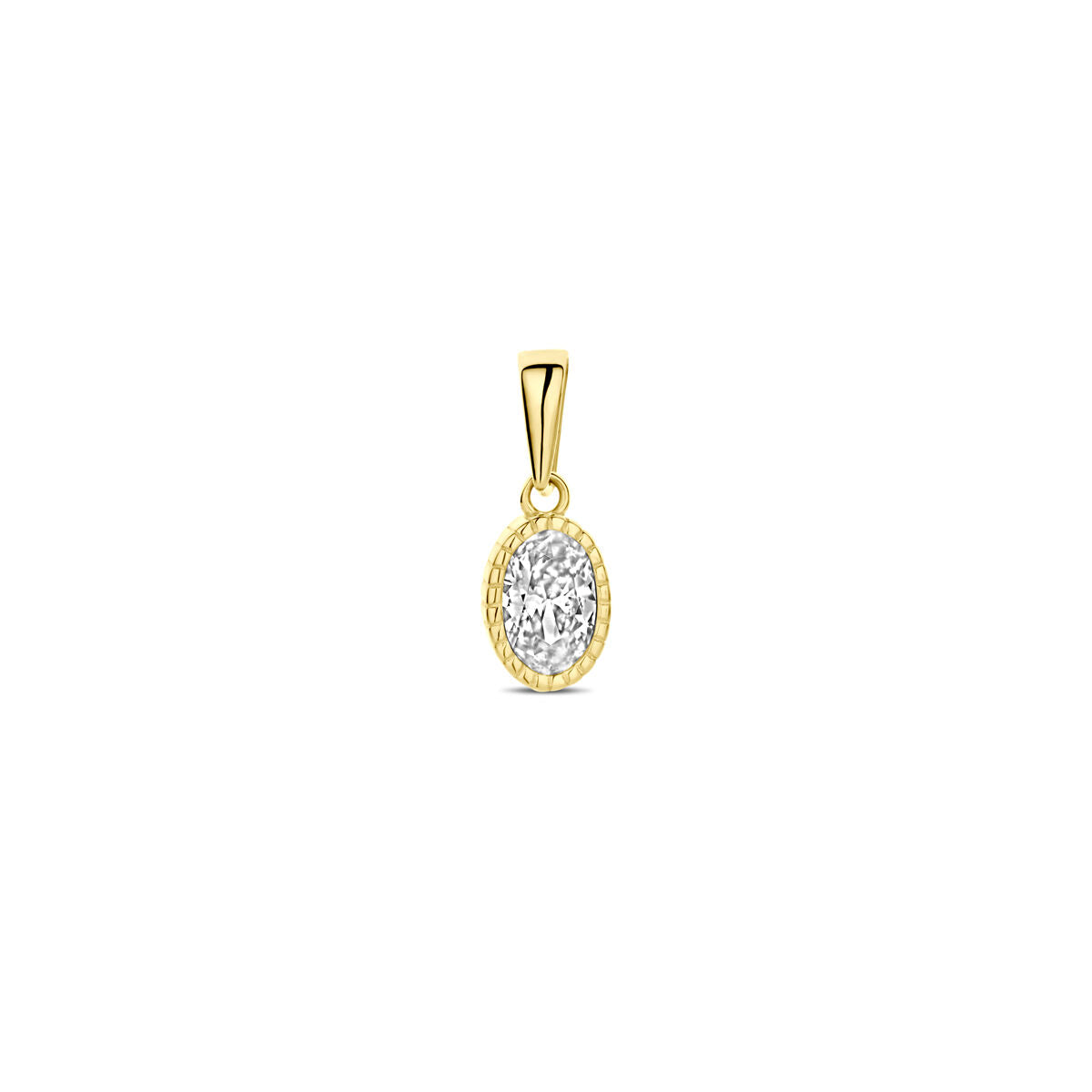 Hanger van 14K geelgoud met een ovale zirkonia, omringd door een subtiele rand.