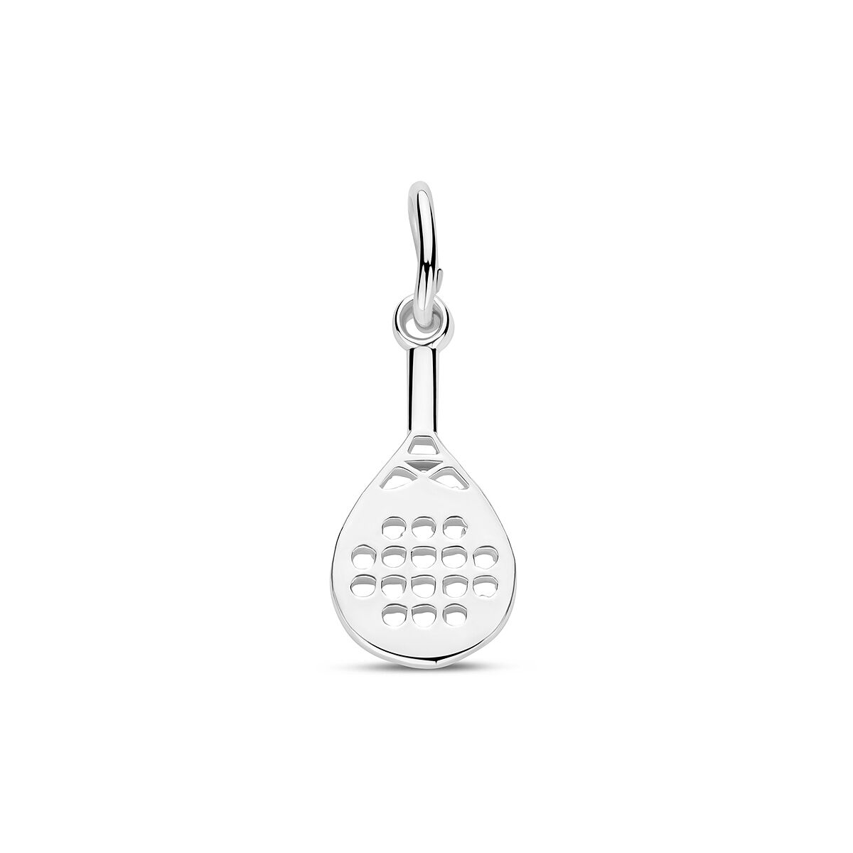 Zilveren hanger in de vorm van een padelracket, gemaakt van 925 zilver met een glanzende afwerking.