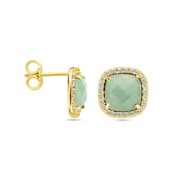 ear studs green agate and zirconia halo 14K yellow gold