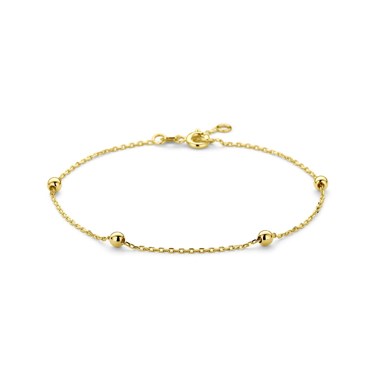 Van der Kooij Collectie armband anker en bolletjes 1,0 mm van 14K geelgoud, lengte 17,5-18,5 cm met karabijnsluiting; vijf gelijkmatig verdeelde kralen maken het een elegante dames sieraad op een witte achtergrond.