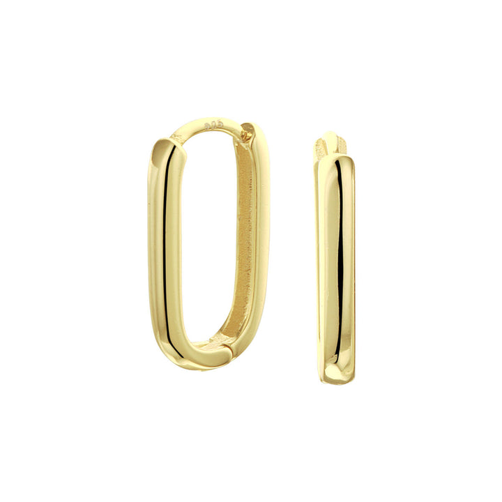 Een paar Van der Kooij Collectie klapoorringen paperclip 1 micron zilver verguld (geel) voor dames afgebeeld aan de voor- en zijkant op een witte achtergrond. De gouden rechthoekige oorbellen hebben een gladde, gepolijste, moderne afwerking.