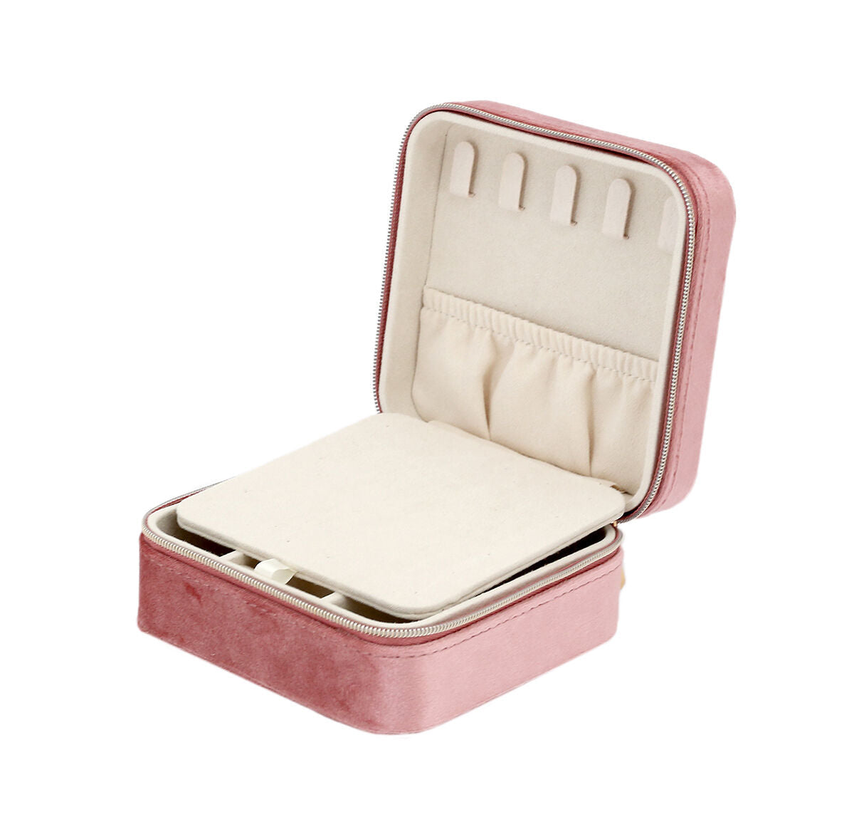 De Van der Kooij Collectie sieradenbox roze toebehoren is compact, heeft een rits en een crèmekleurig interieur met ringsleuven, vakje en compartimenten voor het overzichtelijk opbergen van je sieraden.