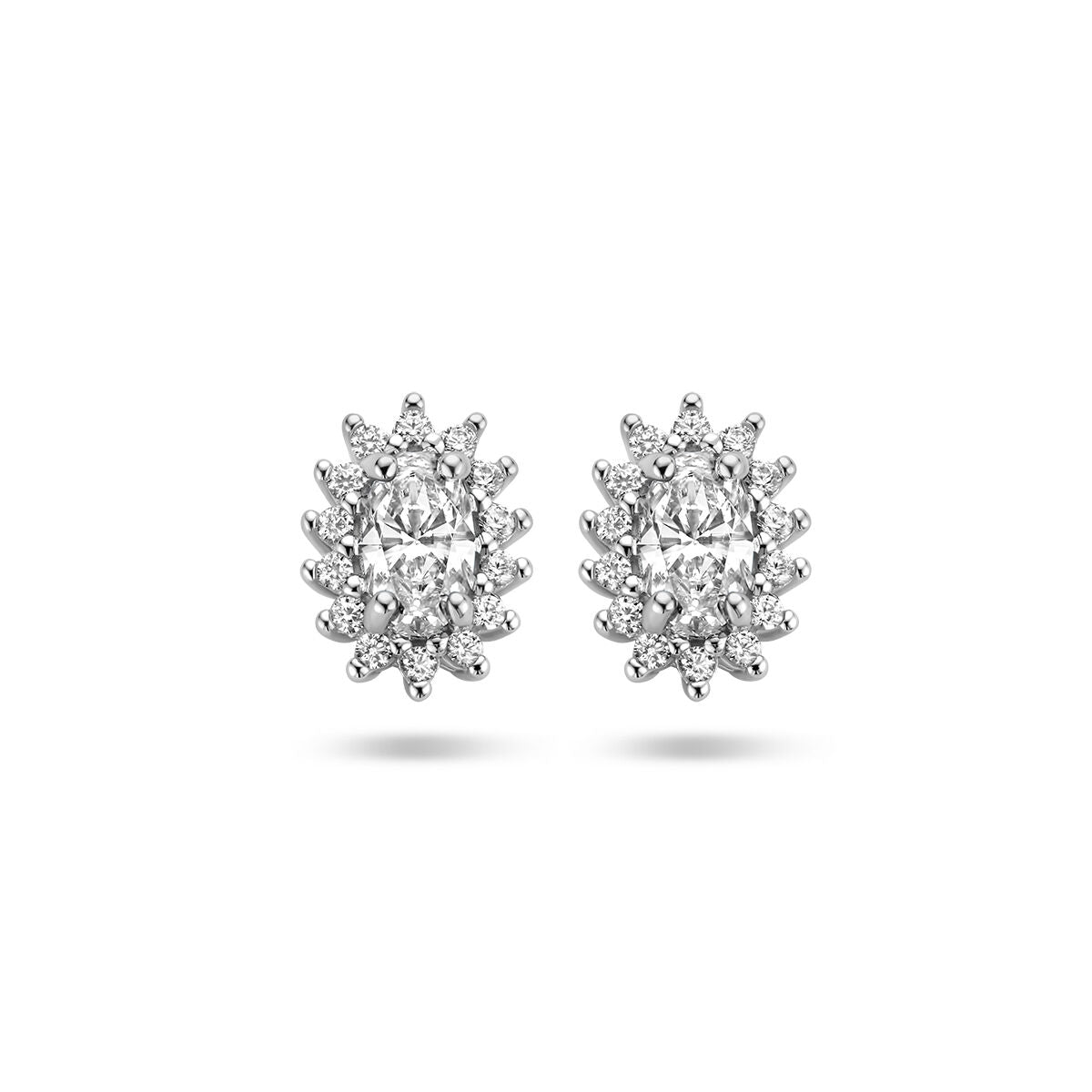 Oorknoppen van gerhodineerd zilver met zirkonia in halo-vorm, versierd met meerdere sprankelende stenen.