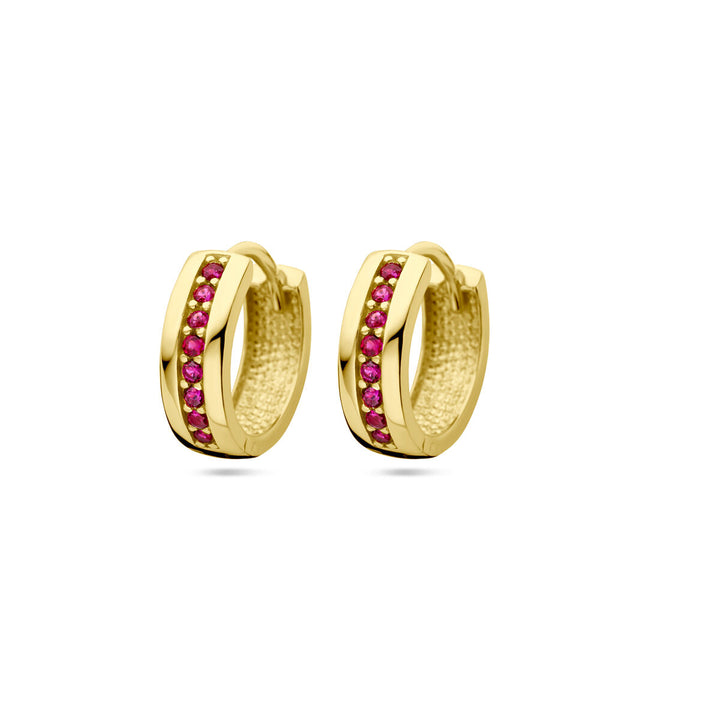 klapoorringen rood zirkonia 14K geelgoud