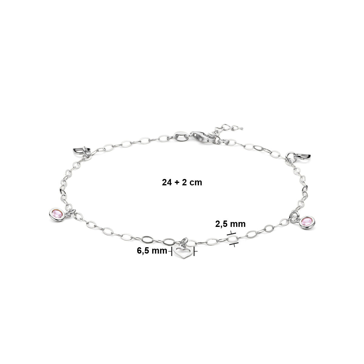 silver anklet heart and pink zirconia 24 + 2 cm