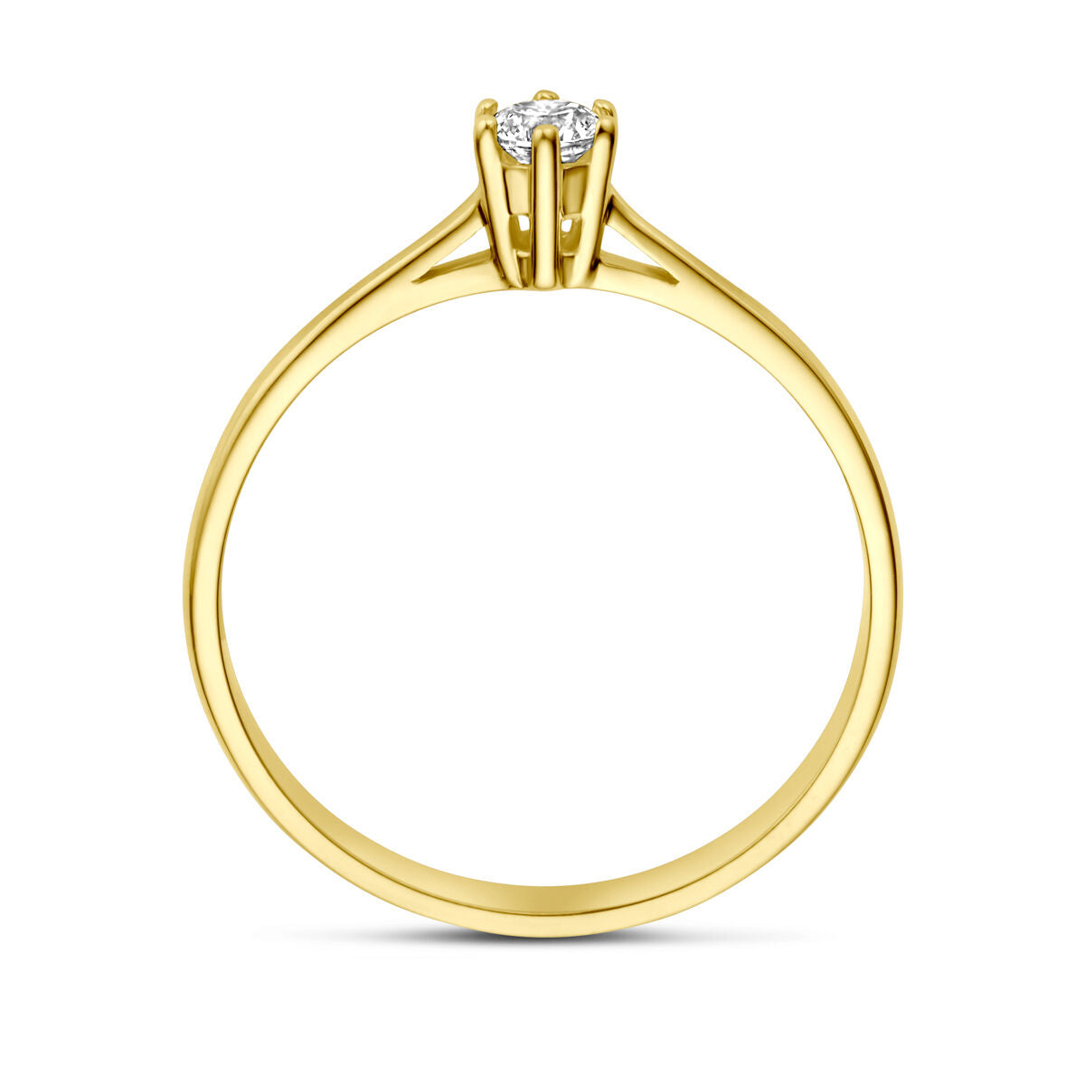 De Van der Kooij Collectie ring zirkonia 14K geelgoud heeft een ronde solitaire zirkonia in een zetting met vier pootjes, met een verhoogde steen en een slanke, gepolijste band voor een elegante uitstraling.