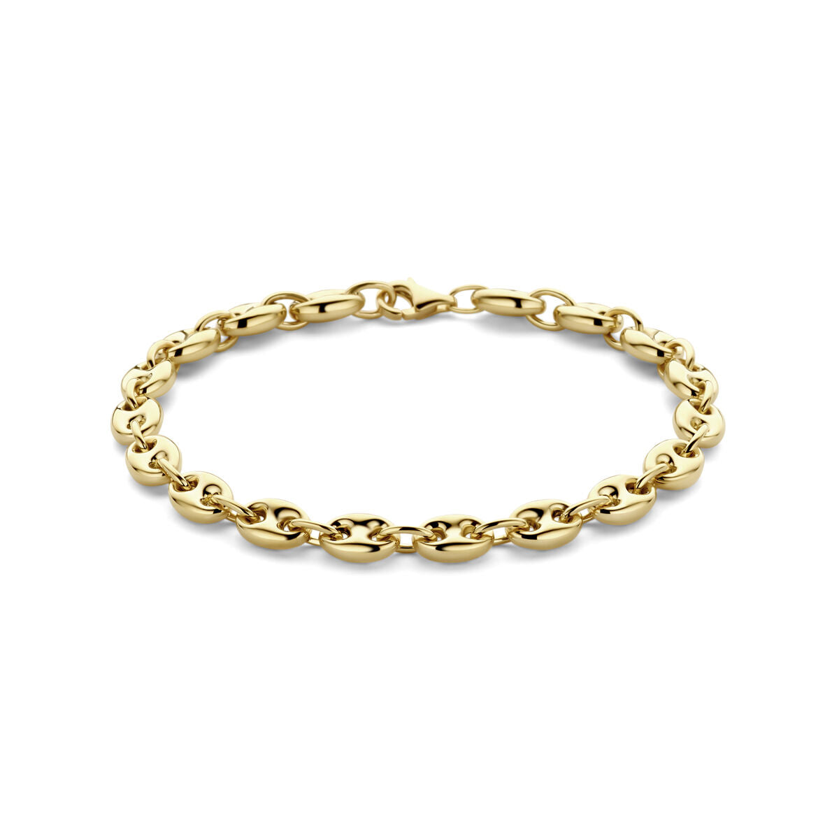 Armband van 14K geelgoud met koffieboon schakel, 6 mm breed en 19 cm lang.
