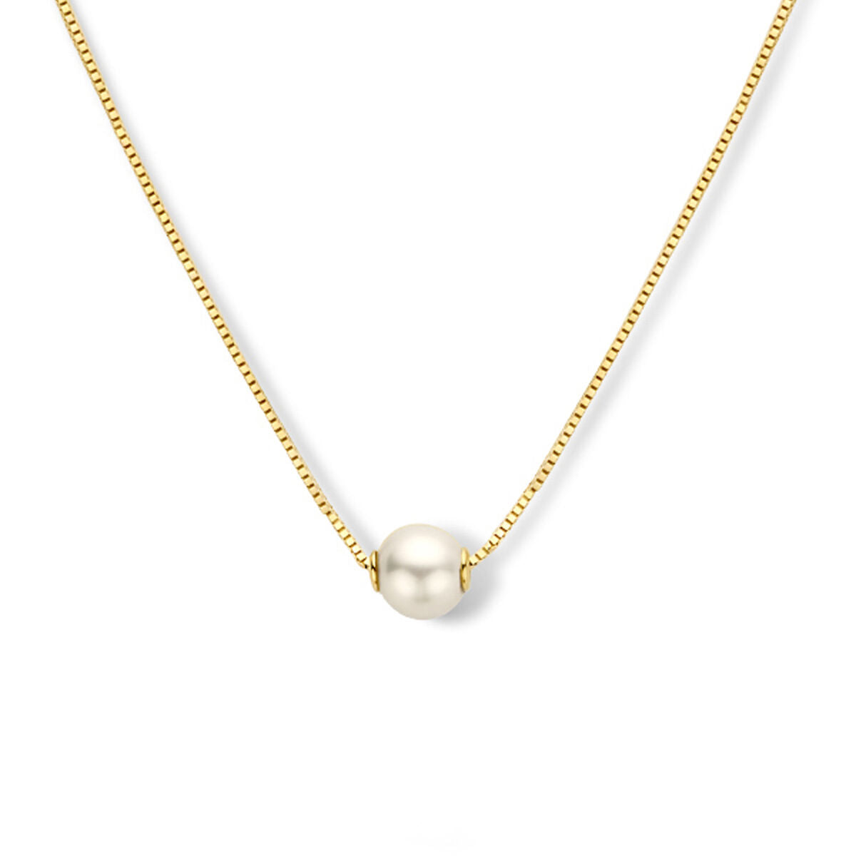 Collier van 14K geelgoud met een enkele parel, verstelbare lengte van 42 tot 45 cm.