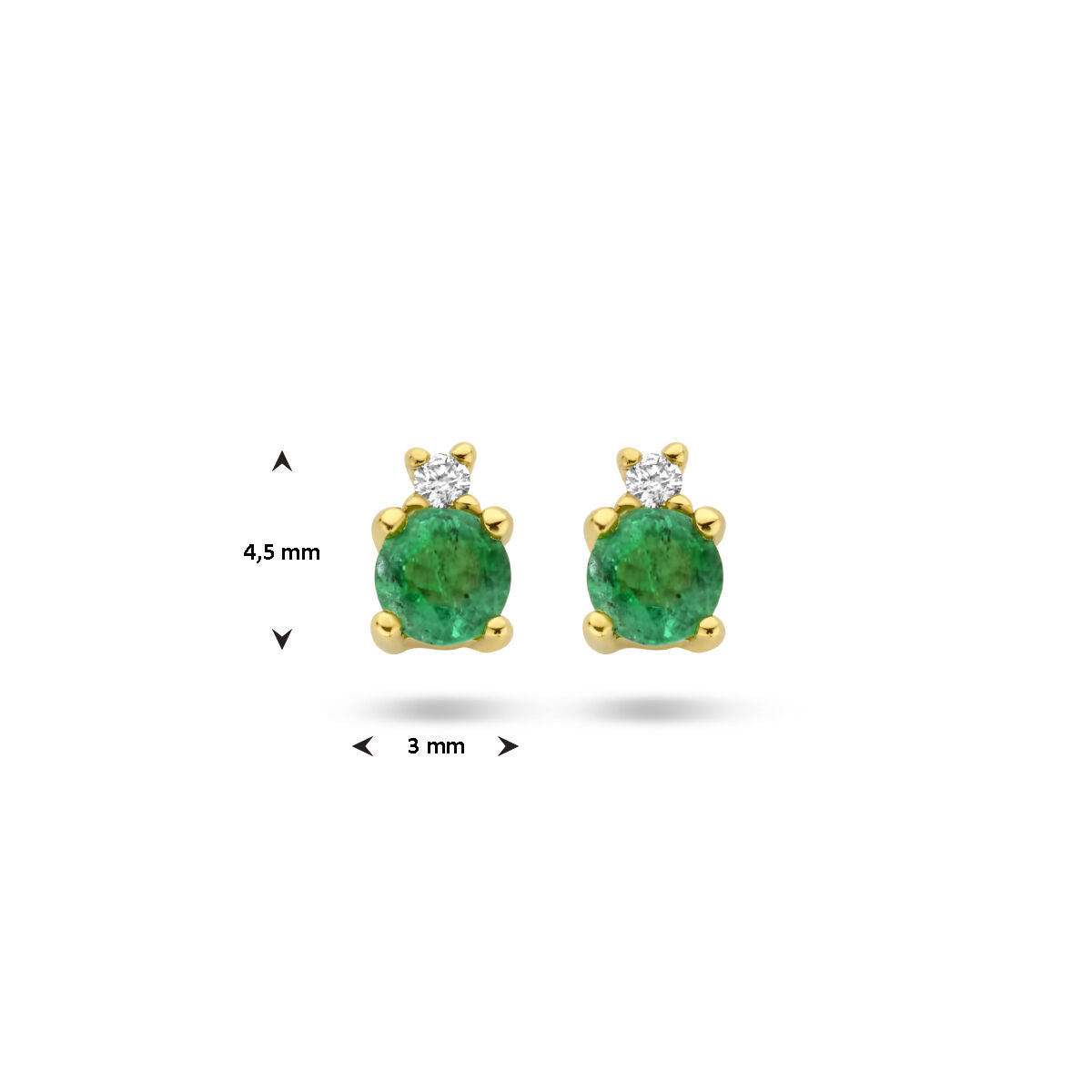Van der Kooij Collectie oorknoppen smaragd en diamant 0.015ct (2x 0.0075ct) h p1 in 14K geelgoud voor dames, met ronde groene en kleine heldere stenen, 4,5 mm hoog en 3 mm breed.