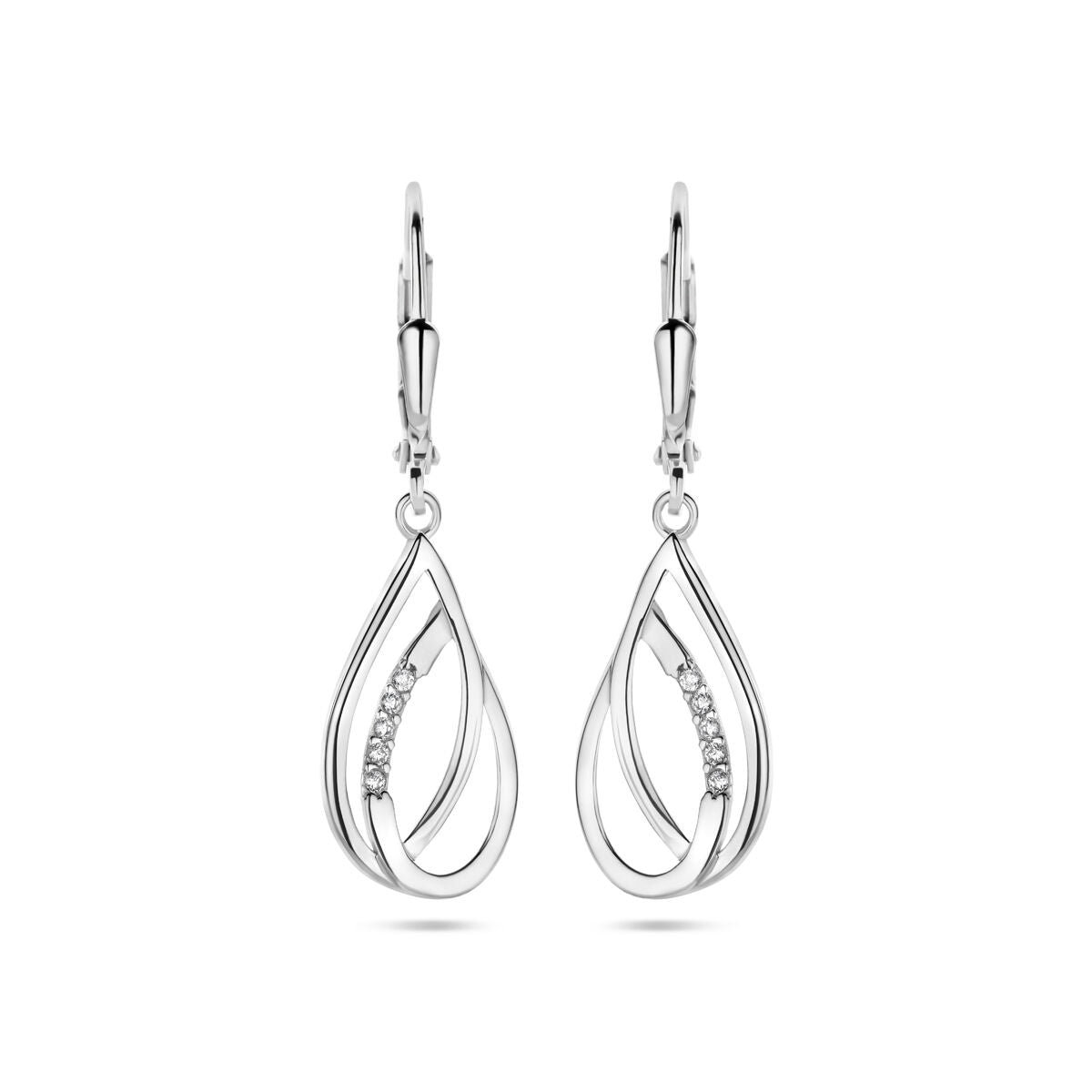 Zilveren gerhodineerde oorhangers in druppelvorm met zirkonia steentjes, 34 mm lang.