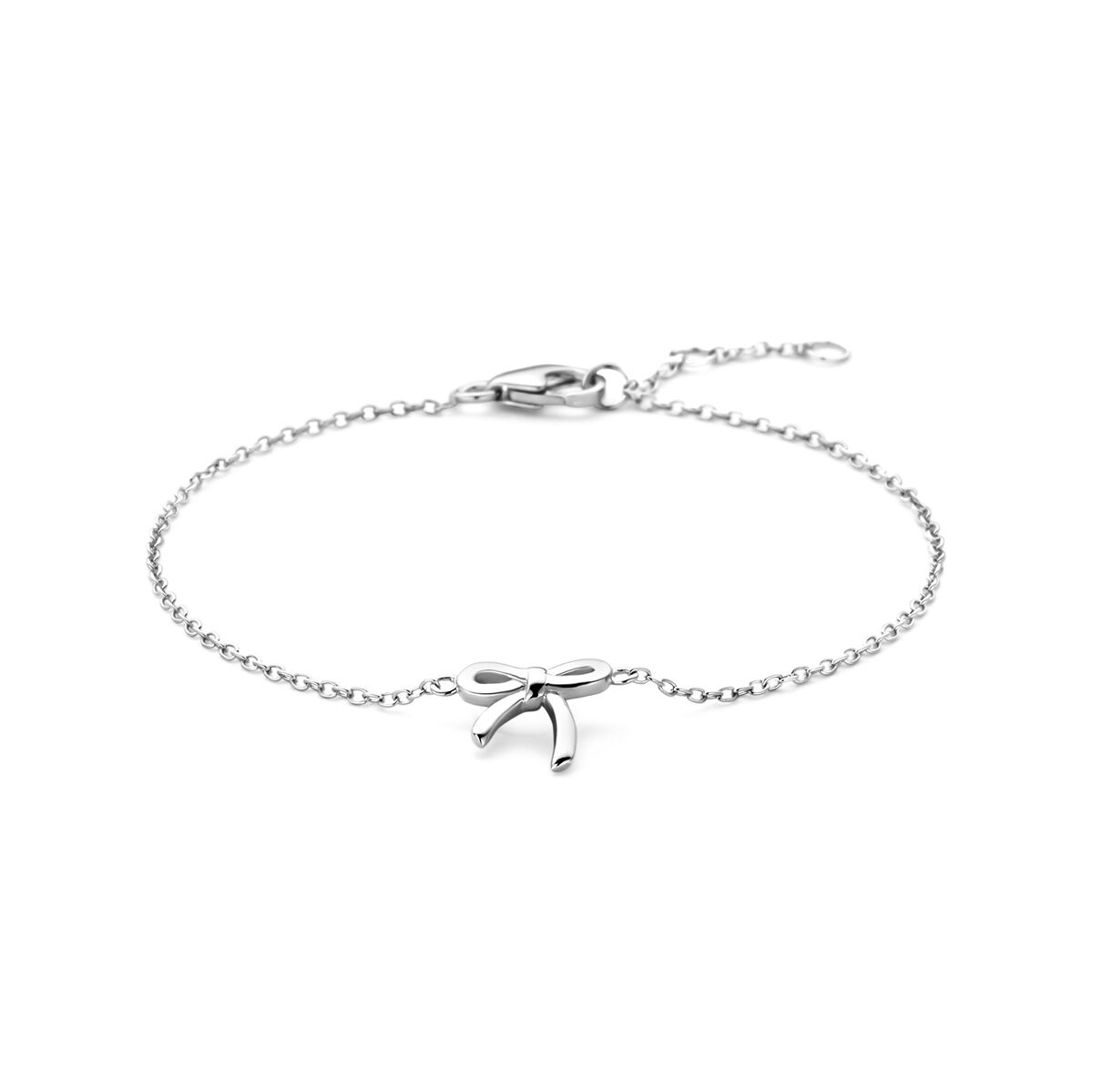 Zilveren gerhodineerde armband met een strikdetail, verstelbaar van 16 tot 18 cm.