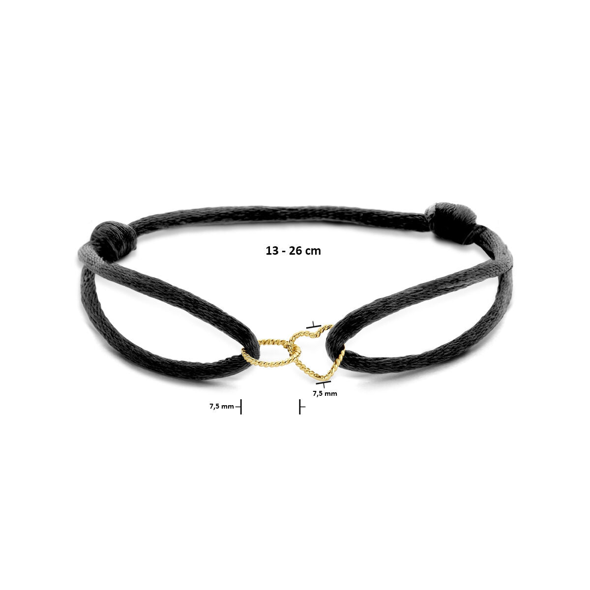 bracelet satin heart and round twisted 14K gold with rubber/nylon/leather