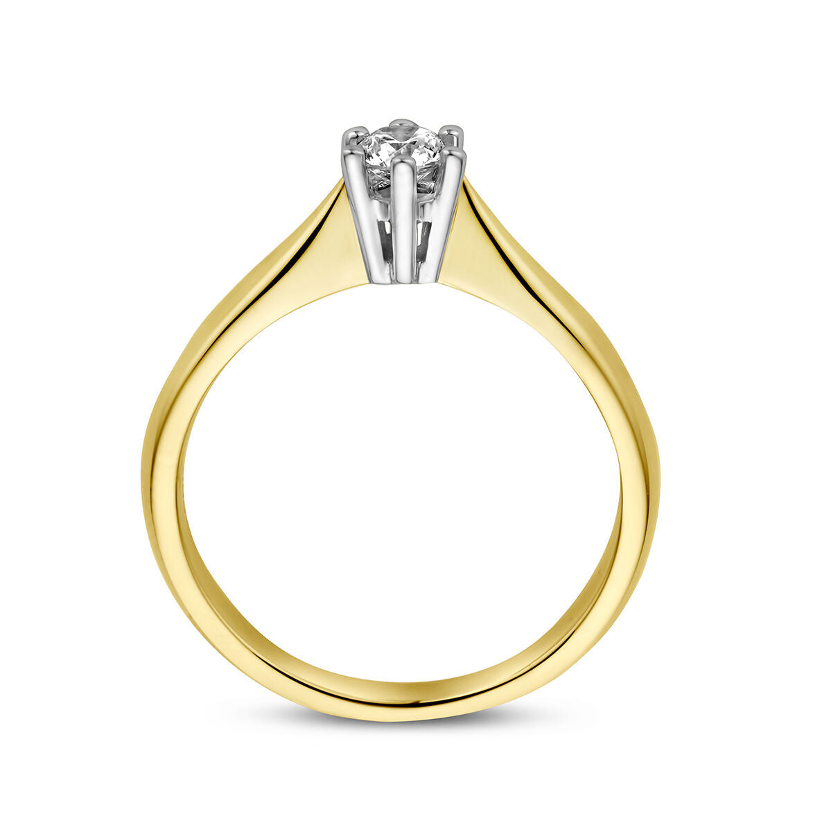 Van der Kooij Collectie bicolor damesring van 14K geel/witgoud met een briljant geslepen diamant van 0.20ct H SI; het ontwerp heeft een elegante, tijdloze uitstraling met schadelijke zetting zichtbaar vanaf de zijkant.