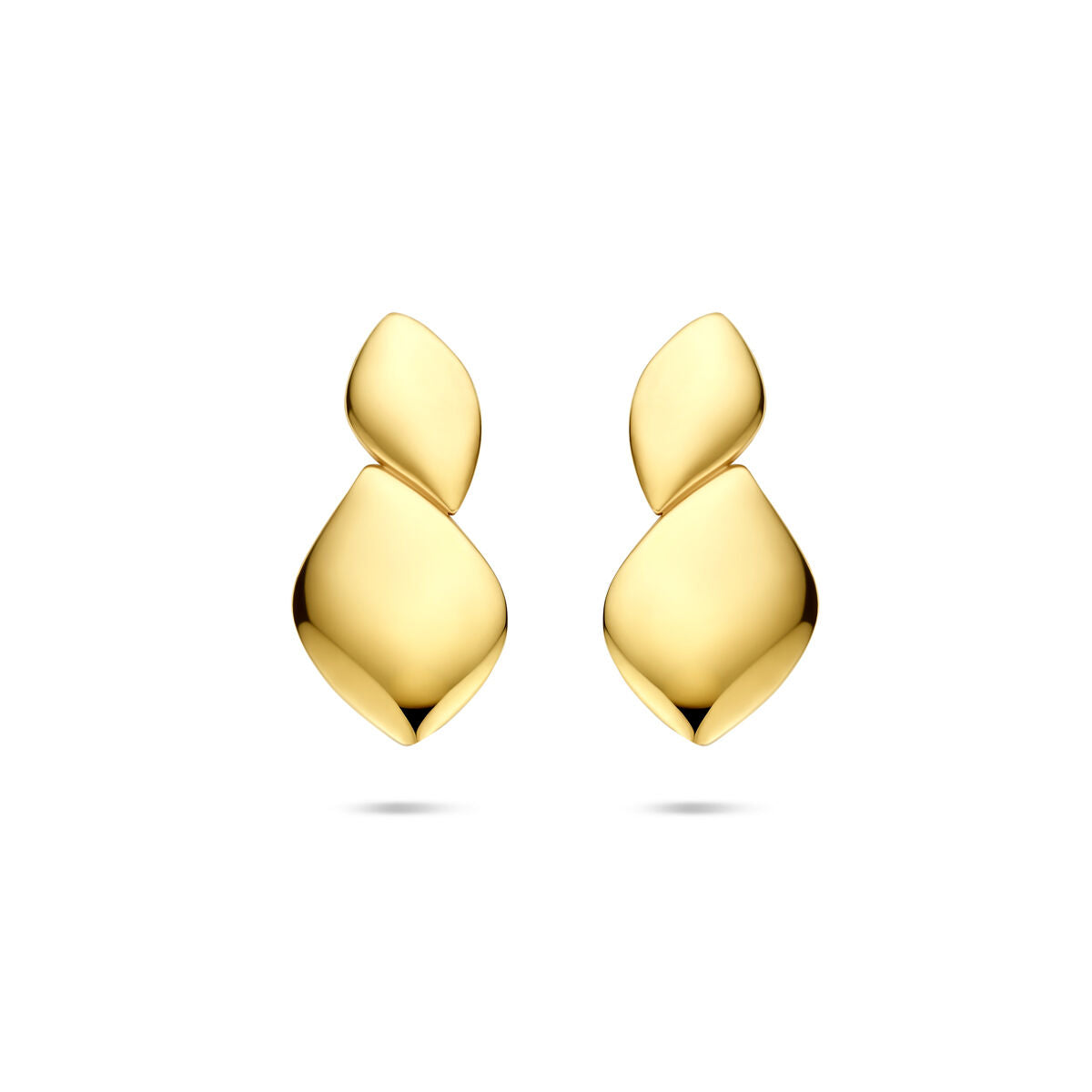 Gouden oorknoppen van 14k met een langwerpig, organisch design en glanzende afwerking.