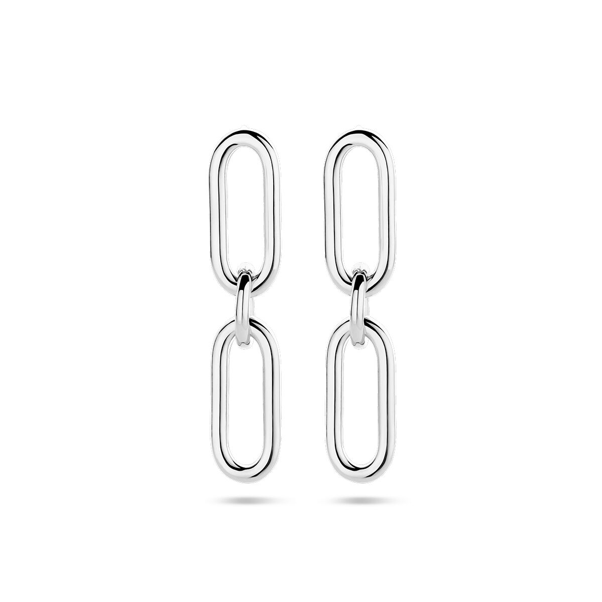 Zilveren gerhodineerde oorhangers in paperclip ontwerp met ronde buizen.