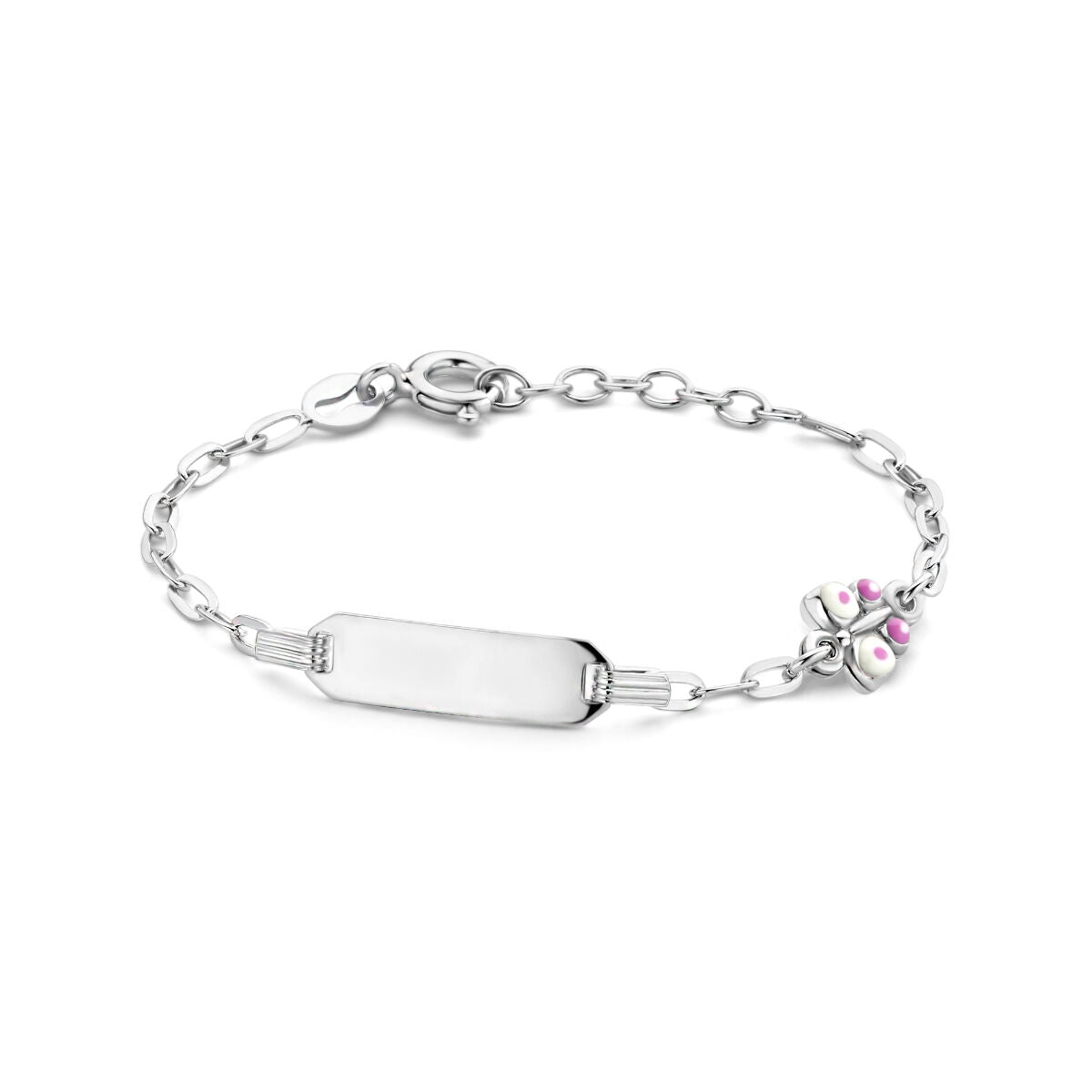 Zilveren baby armband met gerhodineerde vlinderplaat en schakelarmband, versierd met een kleurrijke vlinder.