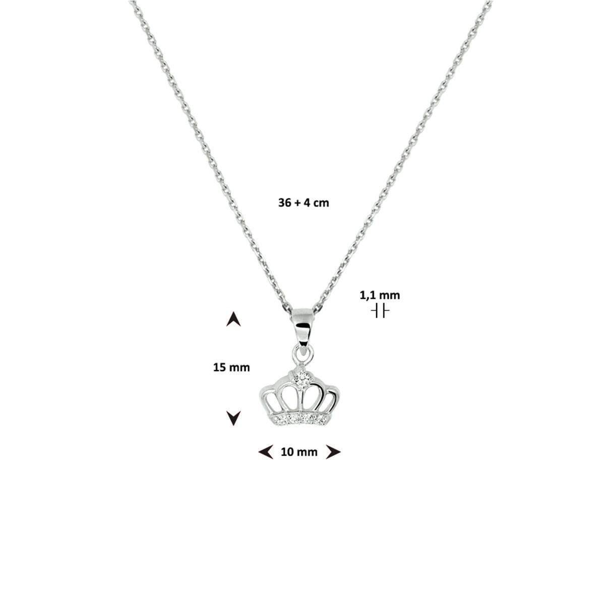 collier kroon zirkonia 36 + 4 cm zilver gerhodineerd