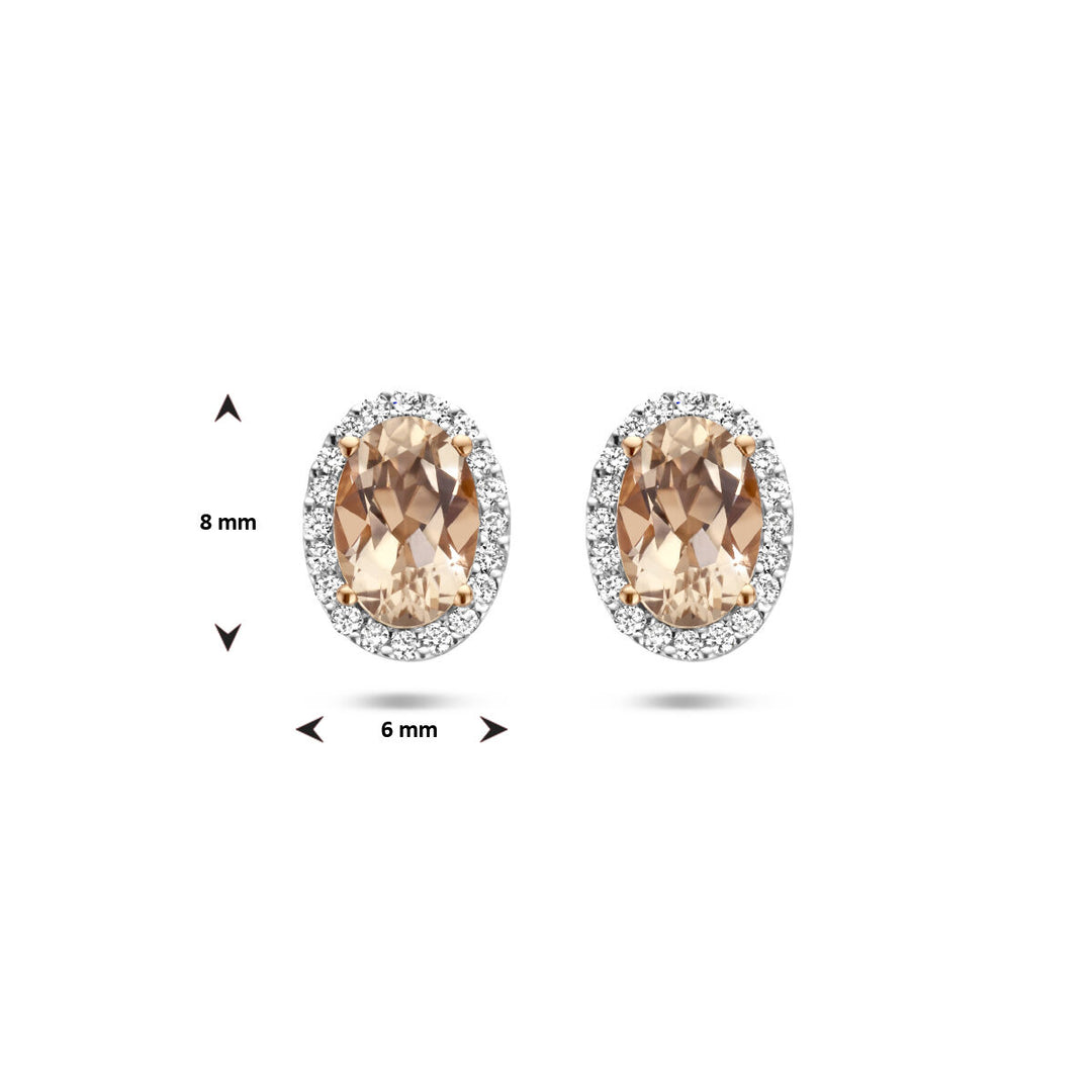 oorknoppen morganiet en diamant 0.12ct h si halo 14K roségoud