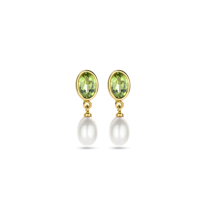 oorhangers parel en peridot 18 mm 14K geelgoud