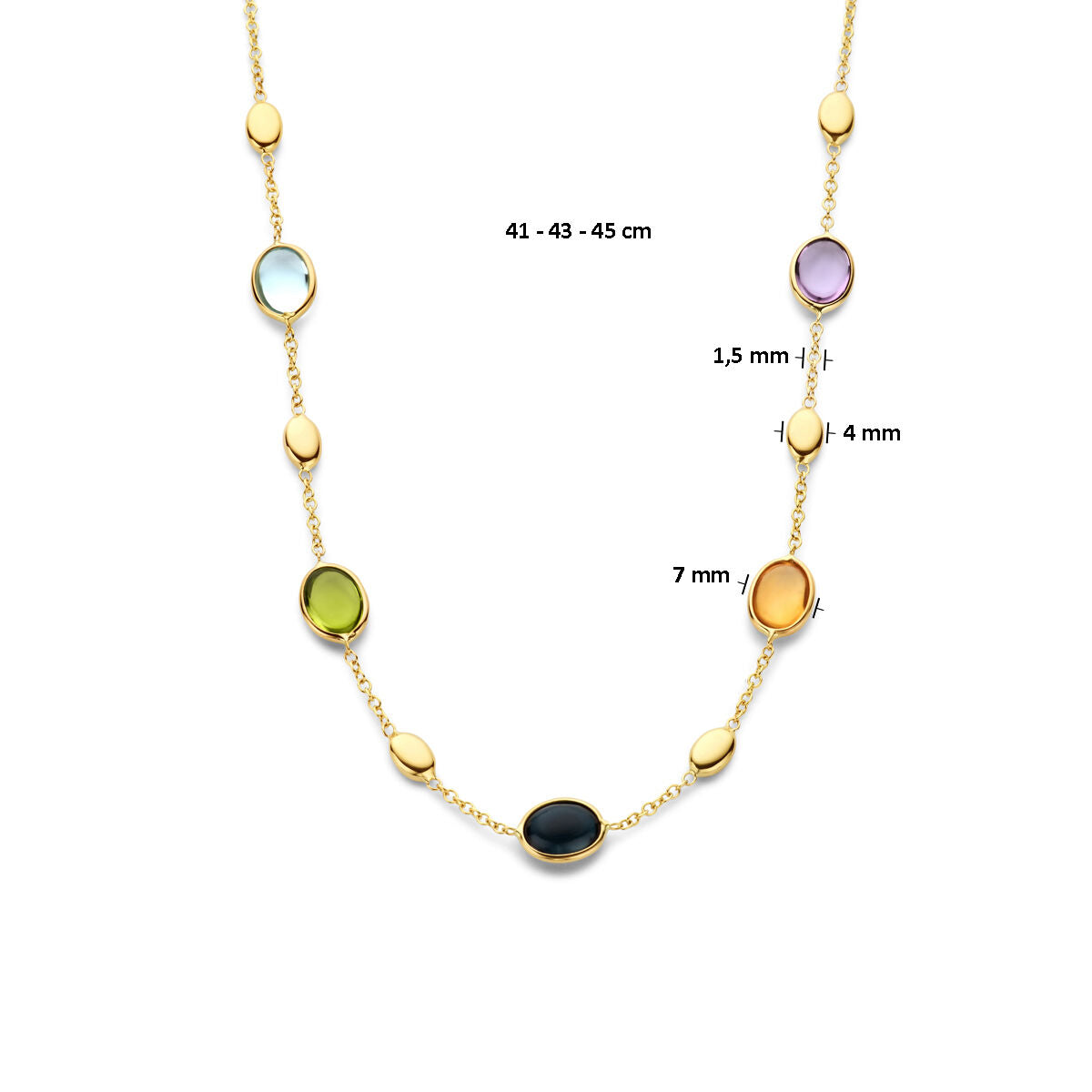 De Van der Kooij Collectie Gouden dames ketting met 14K geelgoud en ovale, multicolor natuurlijke kleurstenen (1,5, 4 en 7 mm), heeft een lengte van 41-45 cm en luxe gouden accenten.
