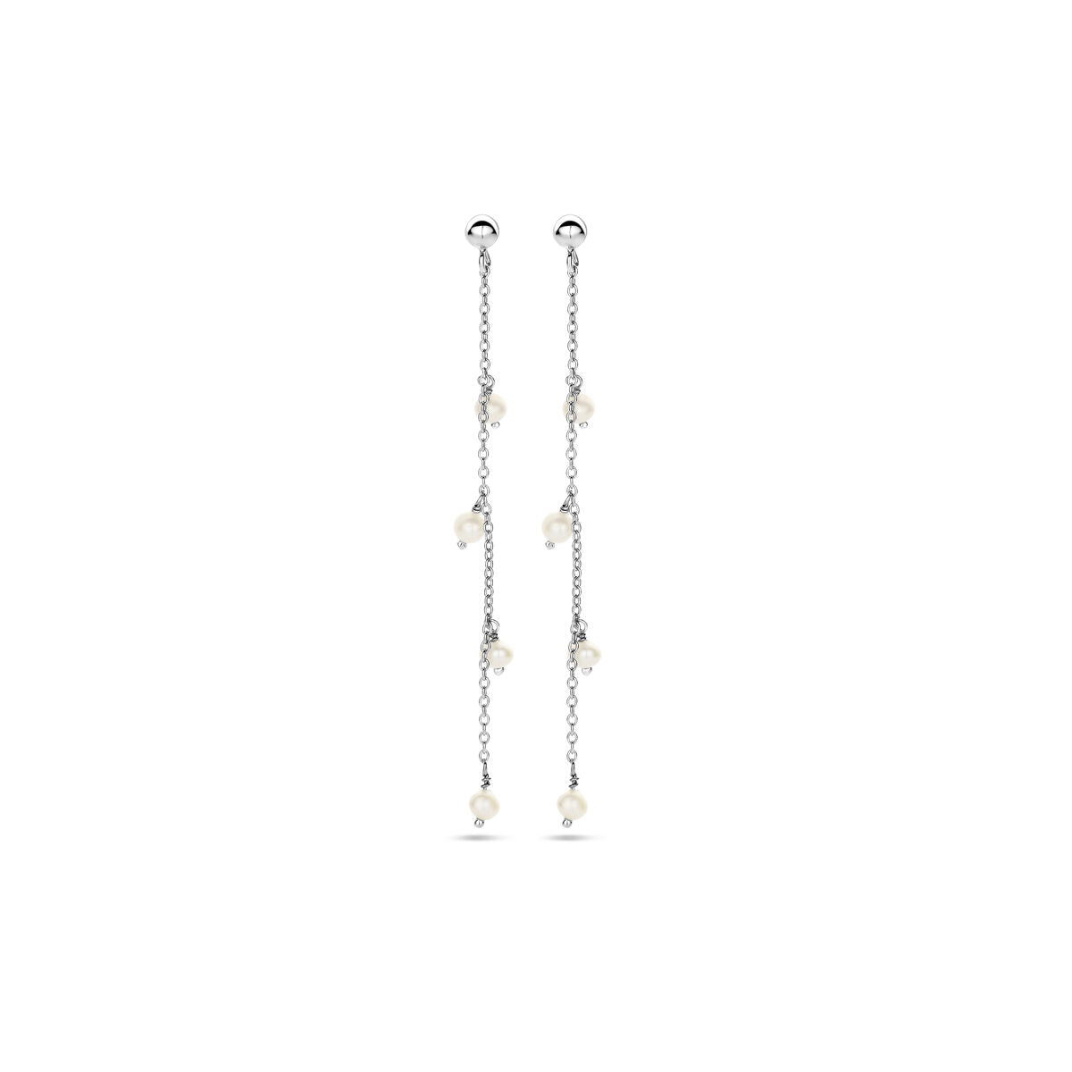 Zilveren gerhodineerde oorhangers met parels, hangend aan een ketting.