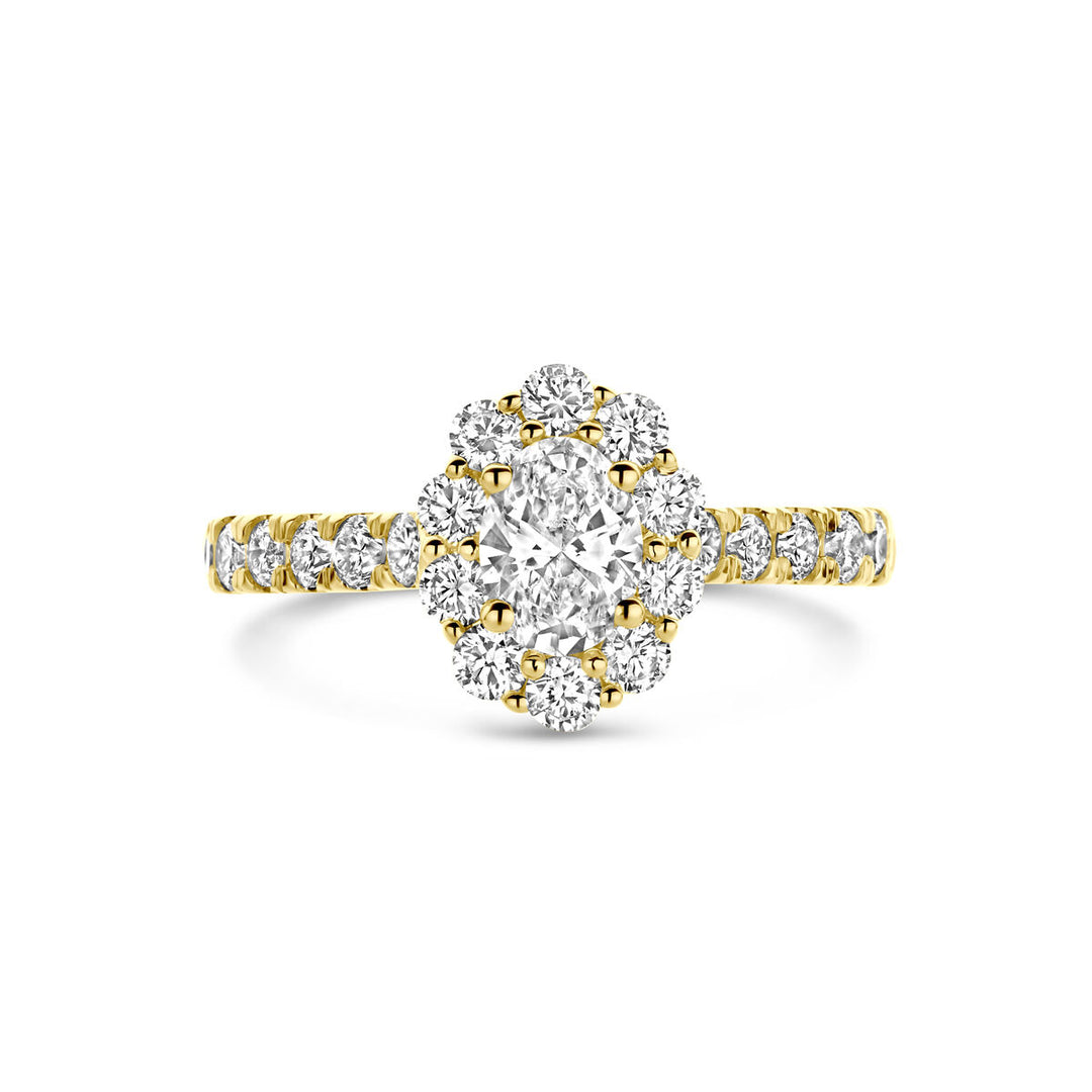 De Van der Kooij Collectie ring lab-grown diamant 1.29ct H SI in 14K geelgoud heeft een grote ronde lab-grown diamant, omringd door een halo van kleinere diamanten en diamanten in de band; inclusief diamantcertificaat.