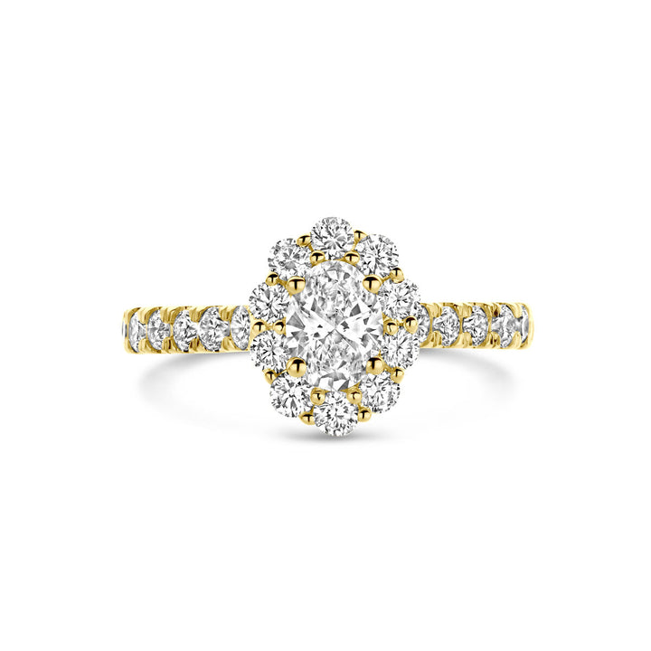 De Van der Kooij Collectie ring lab-grown diamant 1.29ct H SI in 14K geelgoud heeft een grote ronde lab-grown diamant, omringd door een halo van kleinere diamanten en diamanten in de band; inclusief diamantcertificaat.