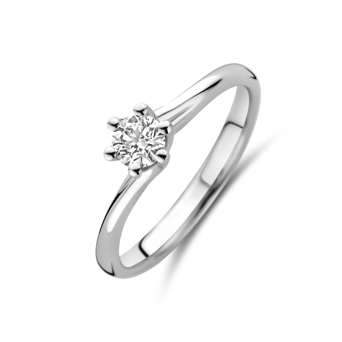 De Van der Kooij Collectie ring lab grown diamant 0,30ct g vs 14K witgoud heeft een enkele ronde lab-grown diamant in een klassieke solitaire zetting met zes tanden, afgebeeld tegen een witte achtergrond.