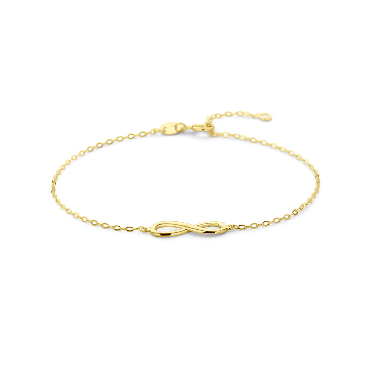 Gouden 14K armband met een infinity-symbool en een fijne schakelketting.