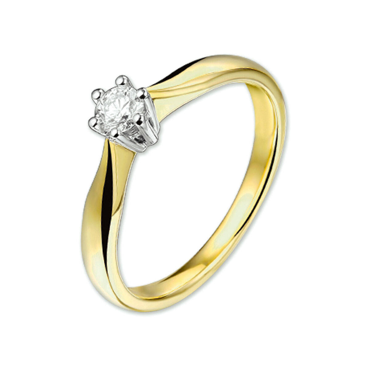 De Van der Kooij Collectie ring diamant 0,20ct H SI in 14K bicolor geel/witgoud straalt tijdloze elegantie uit, met een briljant geslepen diamant in een zespoots witgouden zetting op een witte achtergrond.