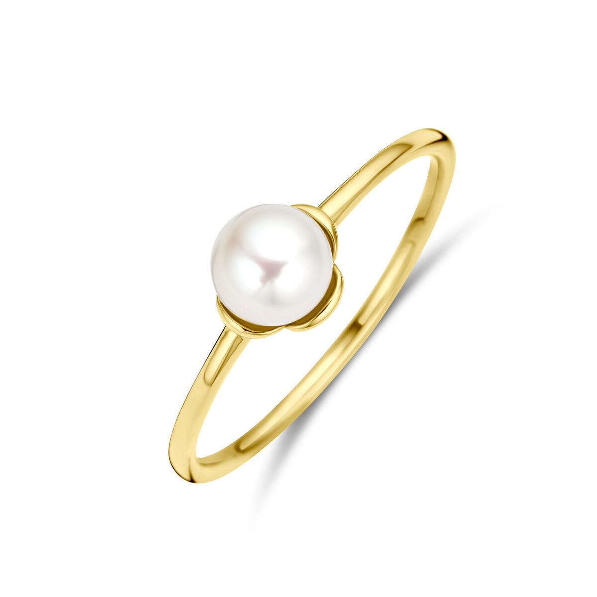 De Van der Kooij Collectie ring bloem parel is een 14K geelgouden ring met een ronde witte parel in het midden, getoond op een witte achtergrond.