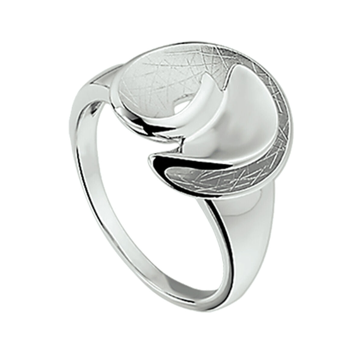 Zilveren ring met gerhodineerde afwerking en een gestructureerd, golvend ontwerp.