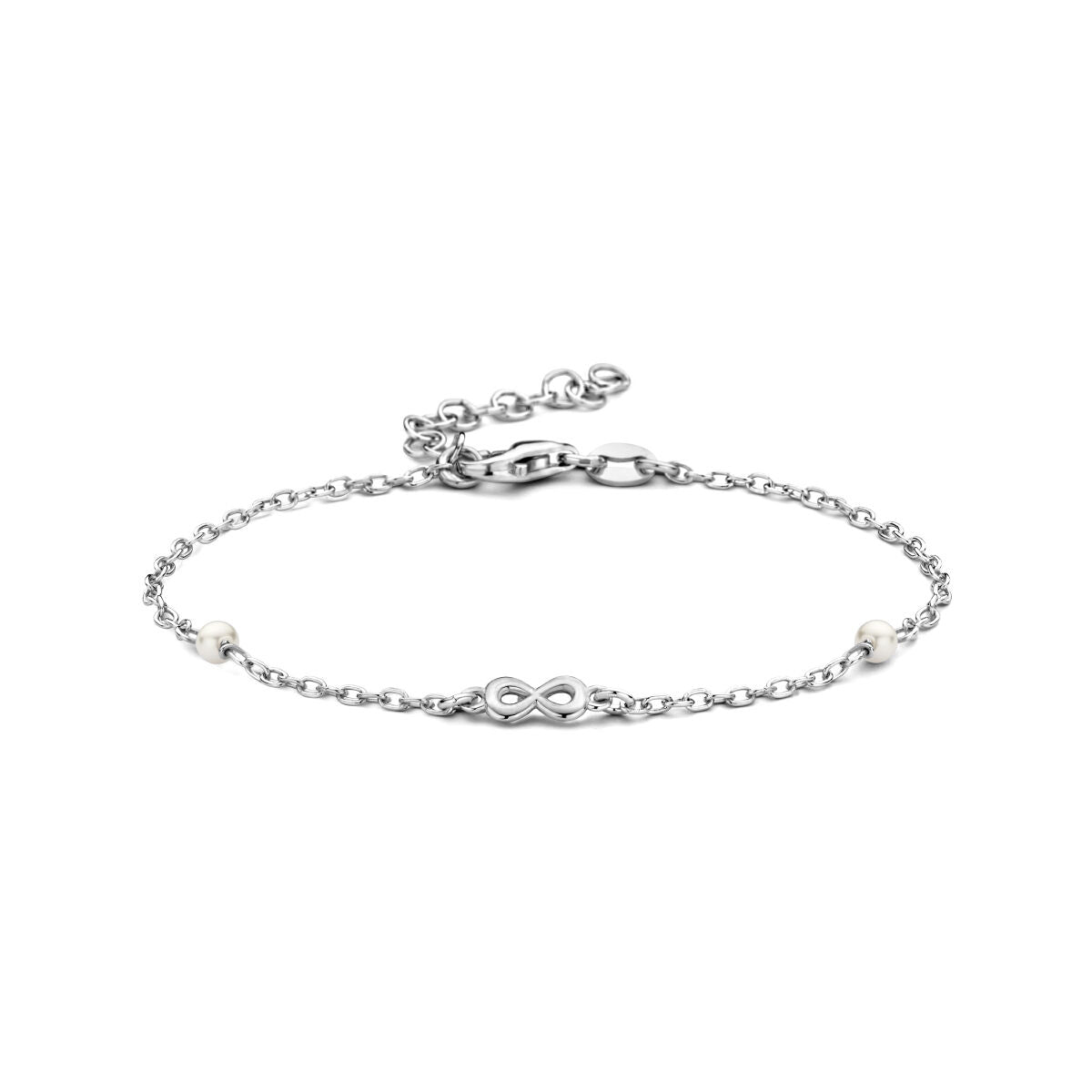 Zilveren gerhodineerde armband met een infinity-teken en twee synthetische parels, lengte 16 + 3 cm.