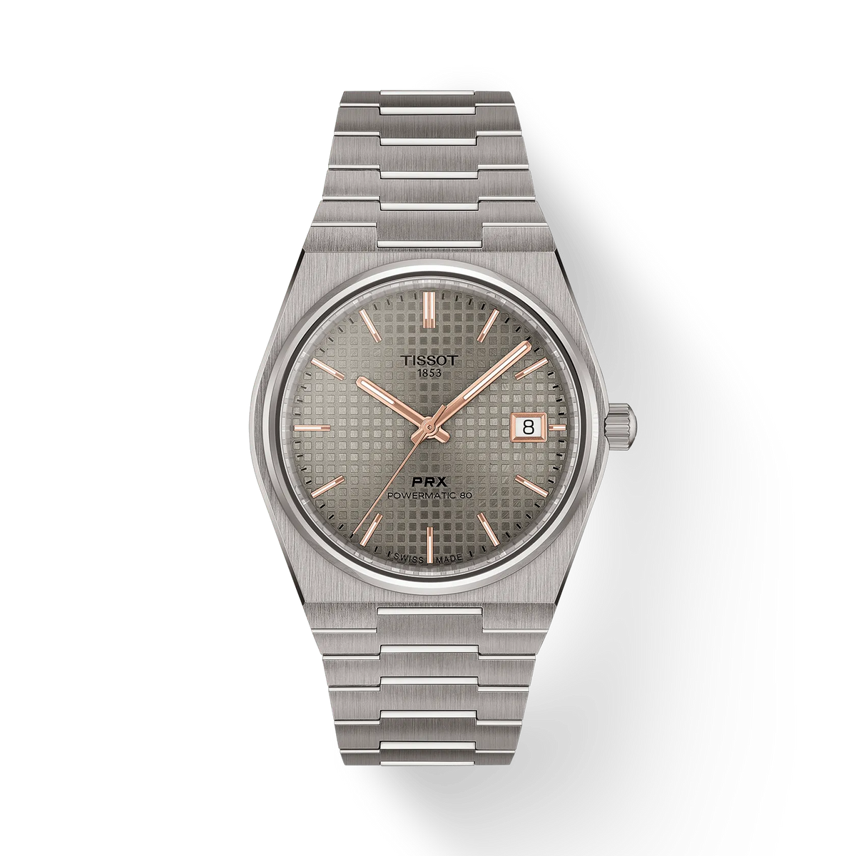 Titanium horloge met een 38 mm kast, grijze wijzerplaat en roségouden accenten, voorzien van een titanium band.