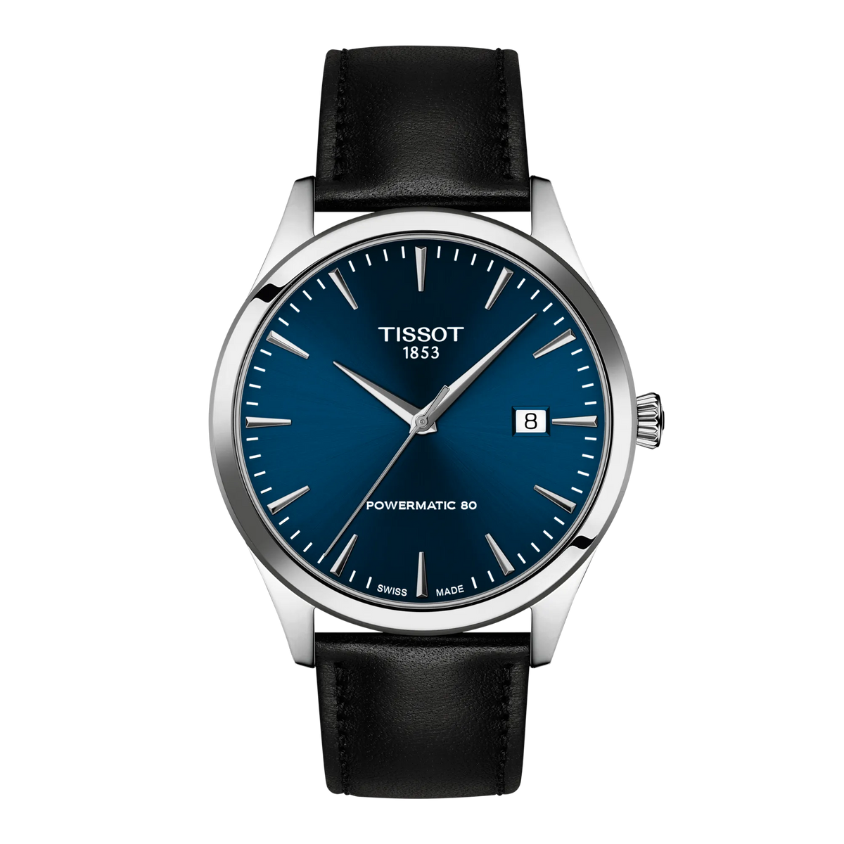 Zilveren horloge met blauwe wijzerplaat, zwarte leren band en datumweergave.