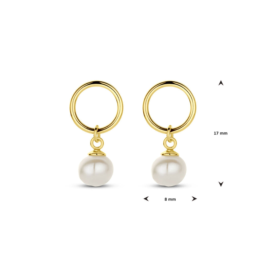 Van der Kooij Collectie oorhangers parel 17 mm 1 micron zilver verguld (geel): elegante minimalistische oorringen met glanzende parel, hoogte 17 mm en breedte 8 mm.