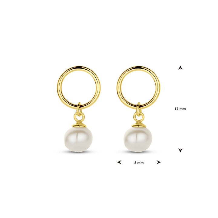 Van der Kooij Collectie oorhangers parel 17 mm 1 micron zilver verguld (geel): elegante minimalistische oorringen met glanzende parel, hoogte 17 mm en breedte 8 mm.