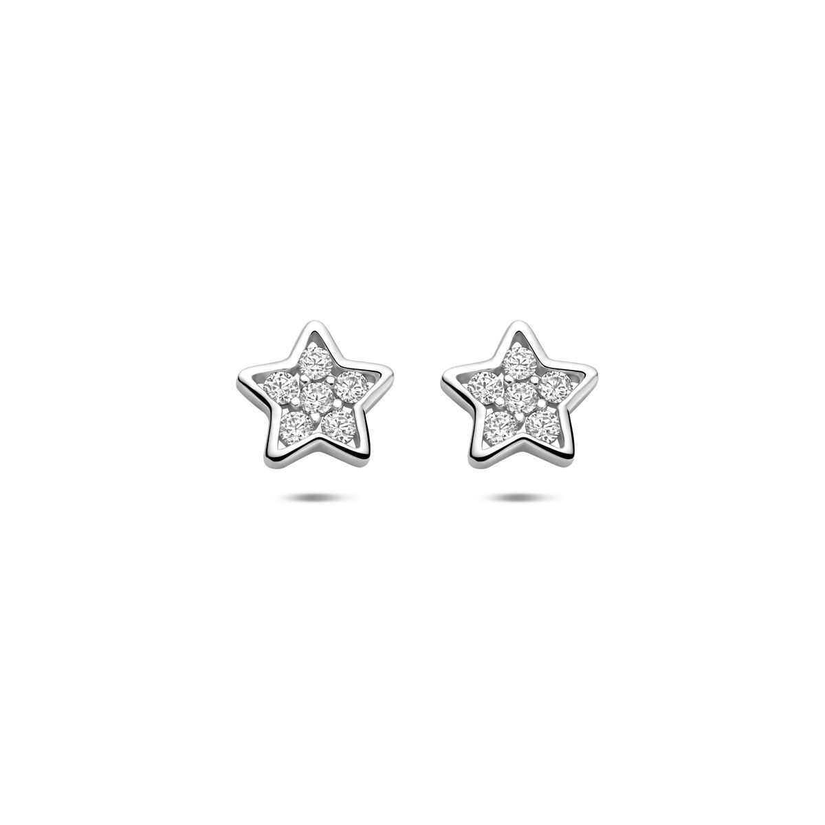 Zilveren oorknopjes in stervorm met zirkonia, gerhodineerd 925 zilver.