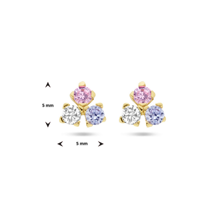 Ohrstecker blau, rosa und weiß Zirkonia 14K Gelbgold