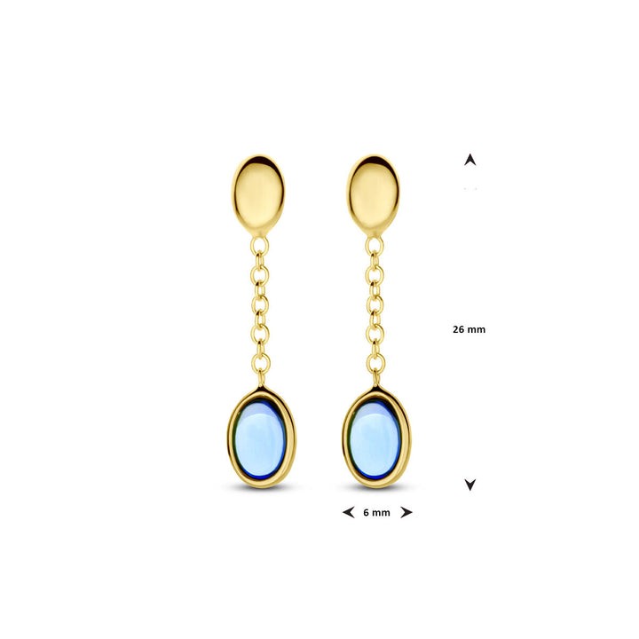 De Van der Kooij Collectie oorhangers london blue topaas 26 mm 14K geelgoud hebben ovale london blue topaas edelstenen verbonden door kleine gouden stekers. Deze dames sieraden meten 26x6 mm en zijn afgebeeld op een witte achtergrond.