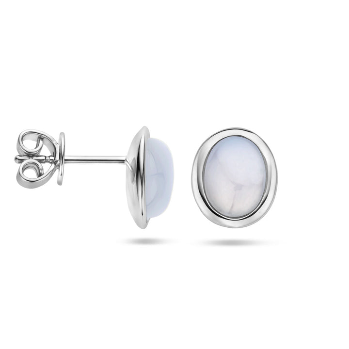 Ohrstecker aus weißem Chalcedon, Silber rhodiniert