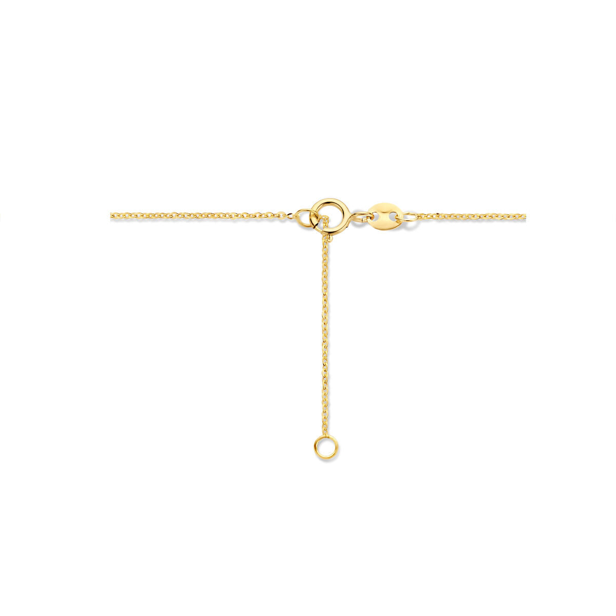 De Gouden dames ketting 14K van Van der Kooij Collectie is een delicate ketting met een kleine ronde sluiting en een verstelbare bungelende ketting - perfect als Valentijnsdag sieraad, afgebeeld op een witte achtergrond.